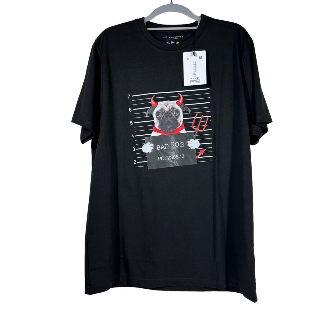 Denim Flower Ricky Singh T Shirt Men's Size XL Bad Dog Frenchie Halloween Black